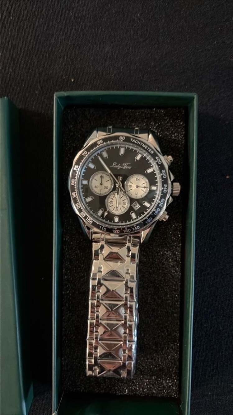 Lucky Fours Chronograph Watch Silver Black Dial Stainless Steel New